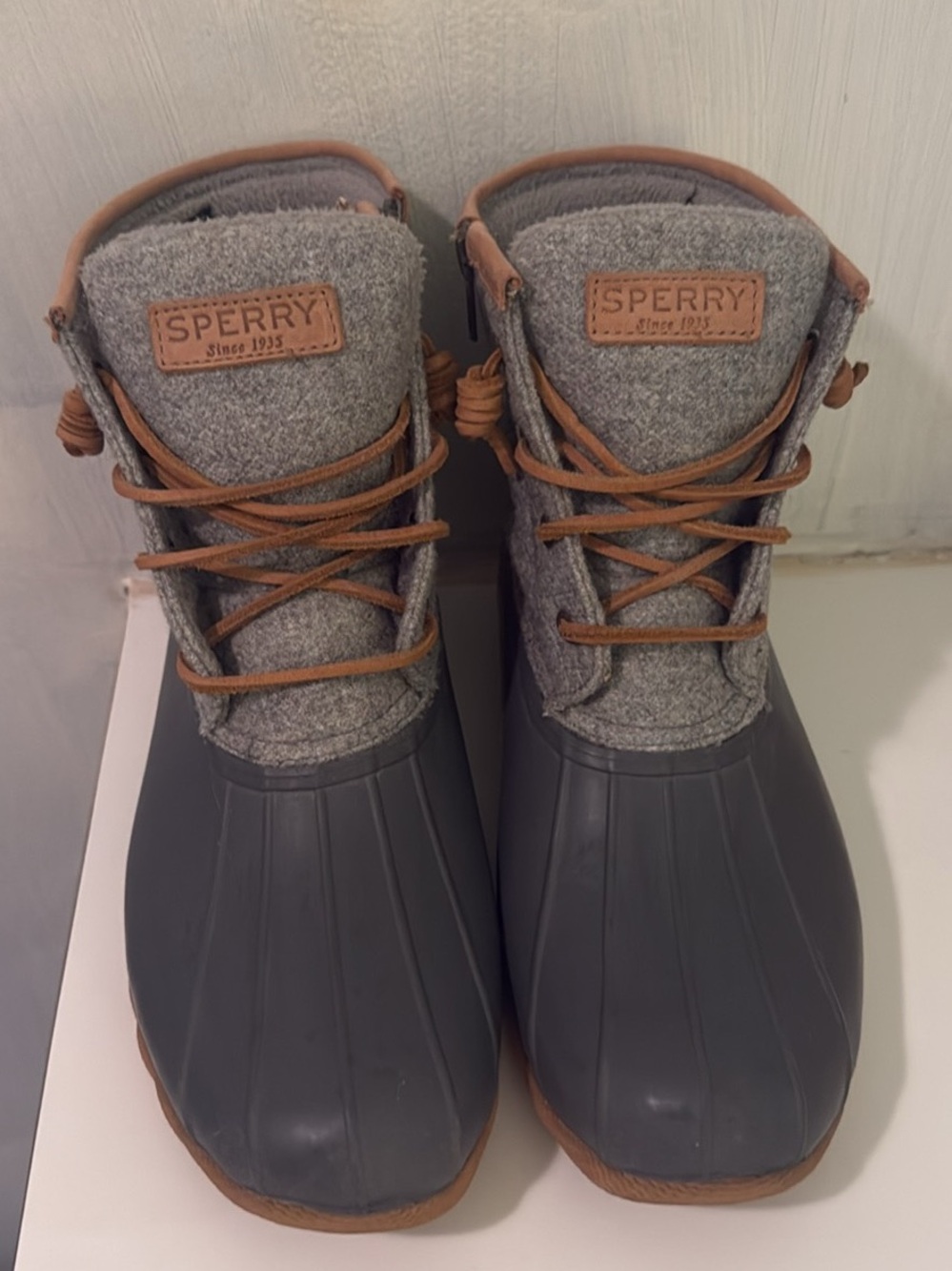 Sperry Gray Wool & Brown Trim Duck Boots